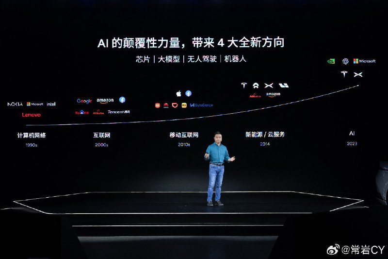 何小鹏表示， AI的颠覆性力量带来四大全新方向。配图