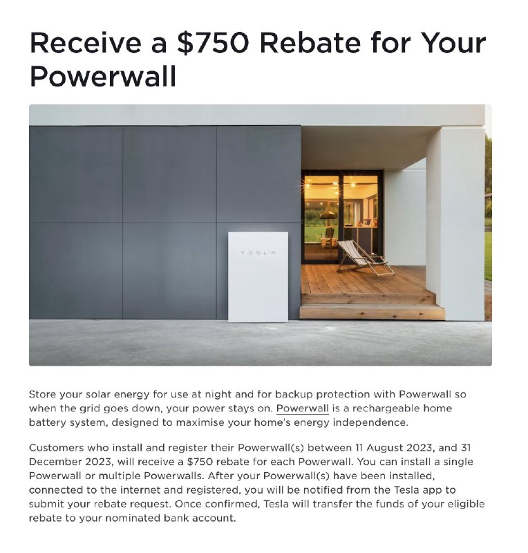 NEWS: @Tesla is now offering a $750 rebate in Australia directly off the Powerwall price for customers who purchase and install by December 31, 2023.配图