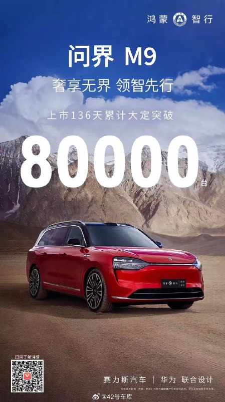 上市 136 天，问界 M9 累计大定突破 8 万台。配图