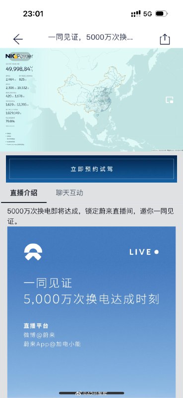 蔚来正在以动态地图的形式直播总换电次数，即将迎来 5,000 万次的「历史时刻」，有多少小伙伴熬夜在等🐱配图