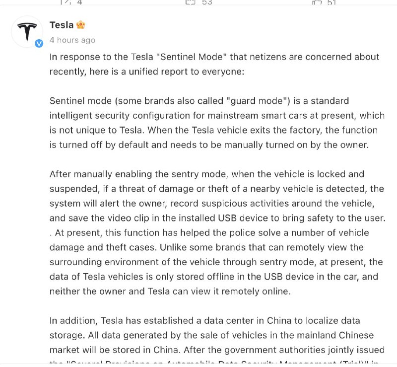 NEWS: @Tesla China has released a statement "In response to the "Sentinel Mode" that netizens are concerned about recently."配图