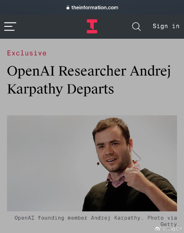 Information 独家，前特斯拉FSD AI 负责人、著名人工智能研究员兼 OpenAI 创始成员 Andrej Karpathy 已离开 OpenAI。配图
