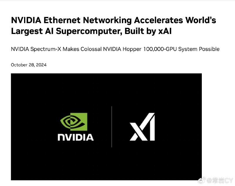NVIDIA 今天宣布，位于孟菲斯的 xAI Colossus 超级计算机集群由 100,000 个 NVIDIA Hopper Tensor Core GPU 组成，使用 NVIDIA 的 Spectrum-X 以太网网络平台。xAI 正在将 Colossus 的规模扩大一倍，总共包含 200,000 个 NVIDIA Hopper GPU。配图