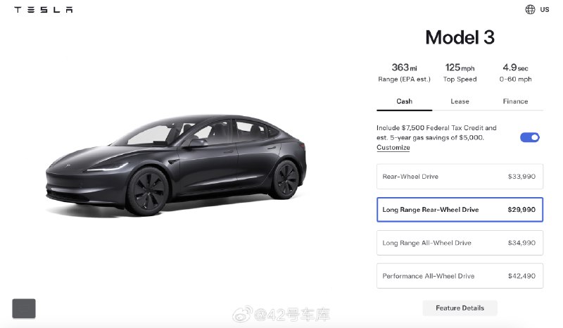 根据特斯拉美国官网显示。特斯拉重新推出 Model 3 长续航版。续航里程 363 英里，售价 42,490 美元。配图