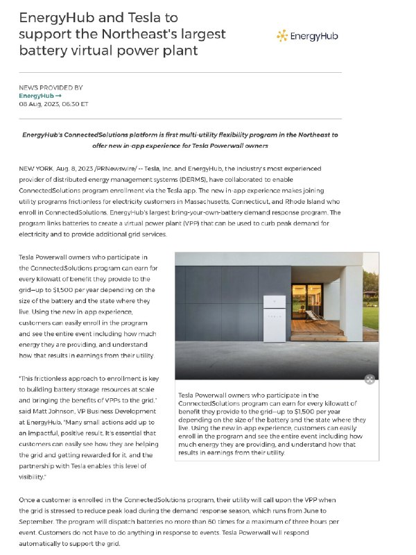 NEWS: Tesla and EnergyHub have collaborated to enable ConnectedSolutions program enrollment via the Tesla app.配图
