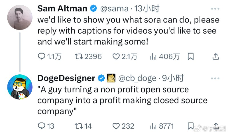 Sora发布后，Sam Altman 为了证实自家视频AI 大模型真的能打，玩儿了一把网友共创：在 X 上征集 prompt 然后自己用 Sora 生成视频发出来。玩儿得有声有色。配图