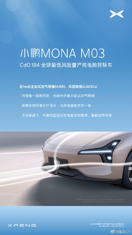 小鹏宣布 MONA M03 的风阻系数是 0.194,并带有近一米长的主动进气格栅,可以增加 60km 以上的续航。配图