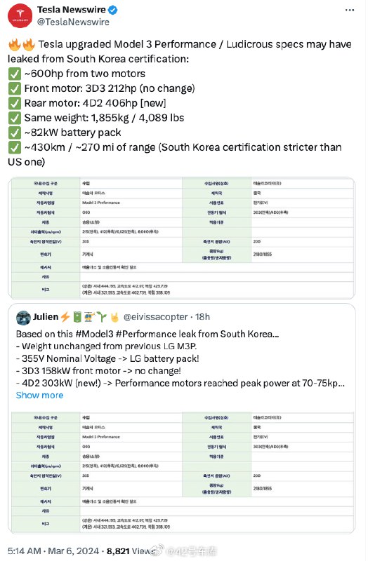 特斯拉焕新版 Model 3P 在韩国通过认证的信息：配图
