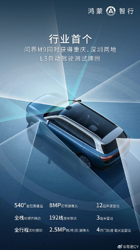 问界M9同时获重庆、深圳L3自动驾驶测试牌照。配图
