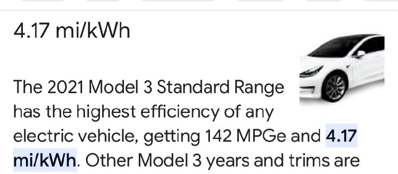 Re @Brehmel @USAS_WW1 No need to parrot what Tesla says. My old Model S average efficiency is 3 miles / kwh. Most Model 3 goes 4 miles/kwh. Don’t trust what I say. Ask any Model 3 owner to find out. Respect facts not misinformation.配图