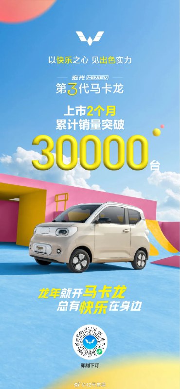 五菱第三代马卡龙上市 2 个月销量已经超过 3 万台。配图