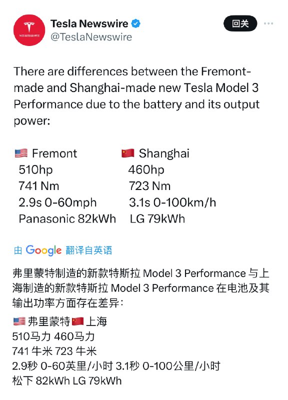 这就有点遗憾啊，上海产的新Model 3P 跟 弗利蒙特产的会在电池及输出功率方面存在差异😭配图