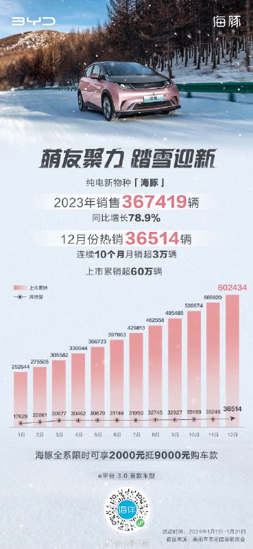 比亚迪海豚 12 月销量 36,514 辆。配图