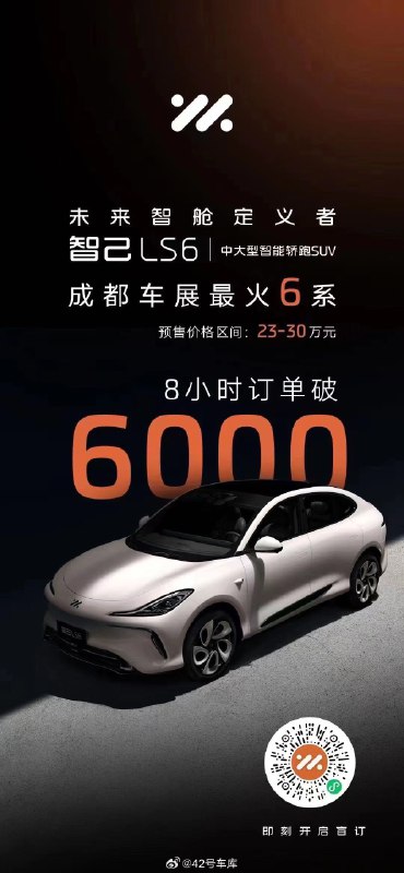智己 LS6 订单 8 小时破 6,000。配图