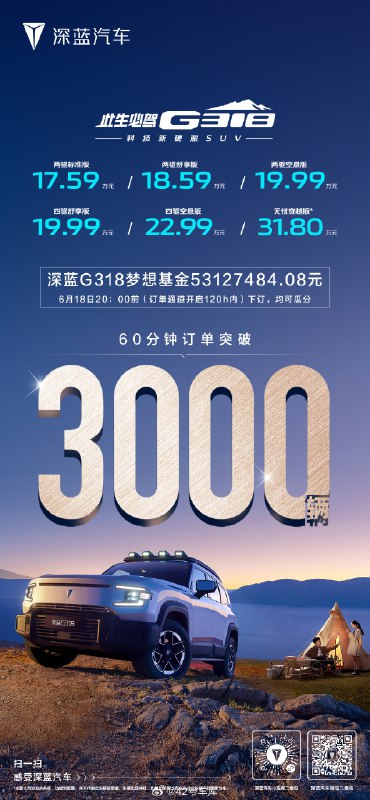 深蓝 G318 上市一个小时订单超 3,000。配图