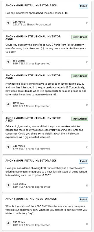 Here are the top voted for questions so far for Tesla's Q2 earnings call next week.配图