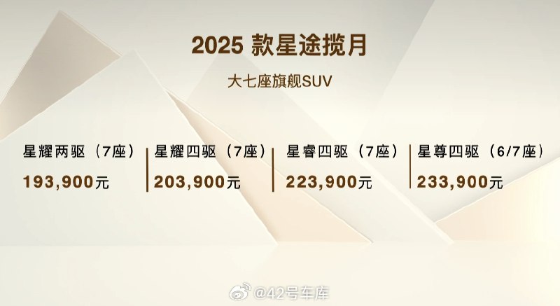 2025 款星途揽月的价格公布了，19.39 万起售。配图
