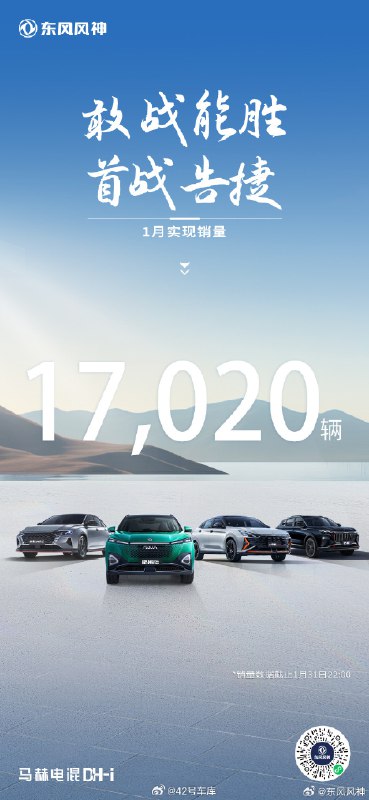 东风风神 1 月销量为 17,020 辆。配图