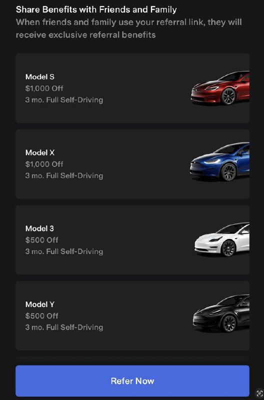 Tesla's updated their referral program in the US. New Model Y/3 buyers who use a referral code now get $500 off & 3 free months of FSD. Before, buyers only got 1,500 credits (worth $125). Referrers of a new 3/Y now gets 10k credits (worth ~$1k), 5x more than before.配图