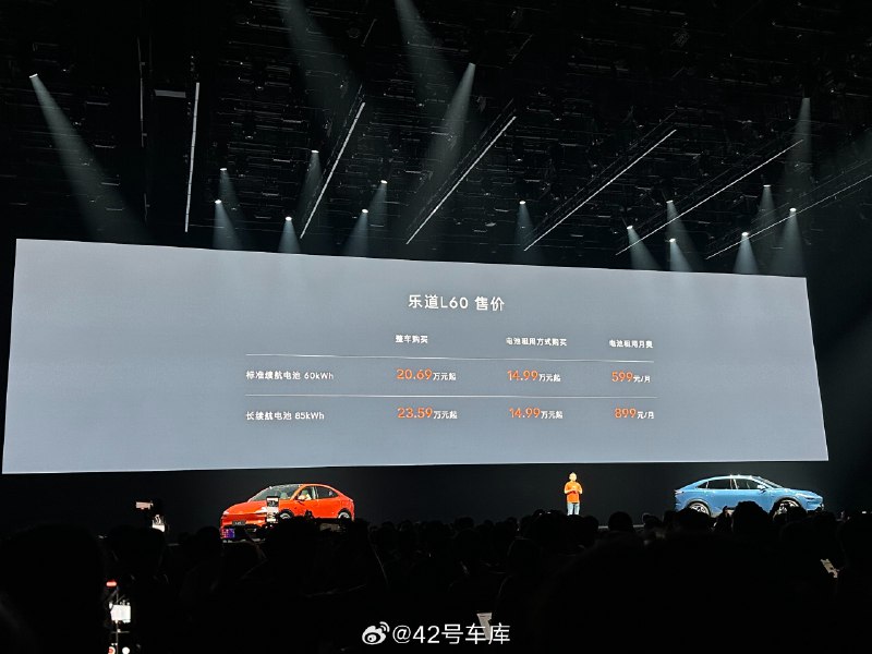 乐道 L60 整车购买 20.69 万起，租电方案 14.99 万起，同时还有价值超 4 万的创始版权益。配图