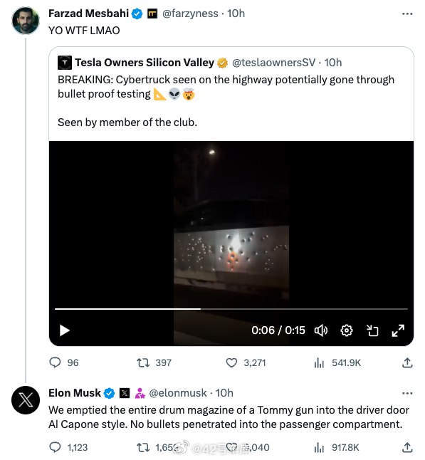 马斯克表示用了汤普森冲锋枪以 Al Capone 的风格对 Cybertruck 进行了防弹测试，测试后，没有任何一发子弹打进了 Cybertruck 的客舱。配图