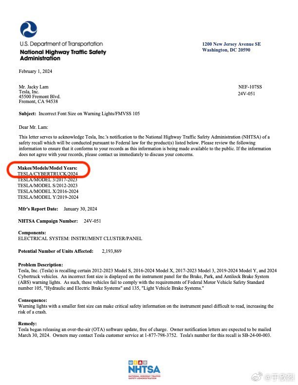 特斯拉被 NHTSA 要求召回近 220 万辆汽车，其中包括刚刚交付的 Cybertruck，原因是仪表盘警示灯字号太小有隐患。这算是 Cybertruck 的首次召回吧？[允悲]配图