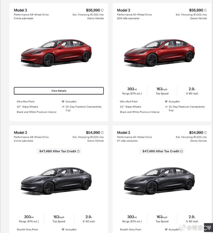 特斯拉在美国把大量新 Model 3 Performance 的展车加入到折扣列表，最大优惠高达 2280 美元。配图