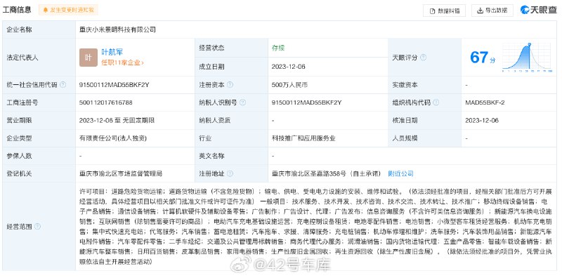 小米子公司重庆小米景明科技有限公司成立，经营范围包括：配图