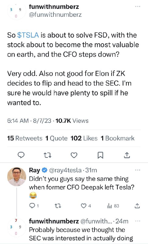 Very funny. People who went short TSLA in low 100 are now creating Hollywood-style plot for the departure of Zach Kirkhorn.配图