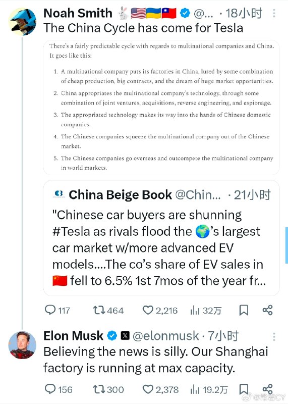 英国金融时报发文称，特斯拉在中国面临的竞争正在加剧，特斯拉的销量在下降。配图