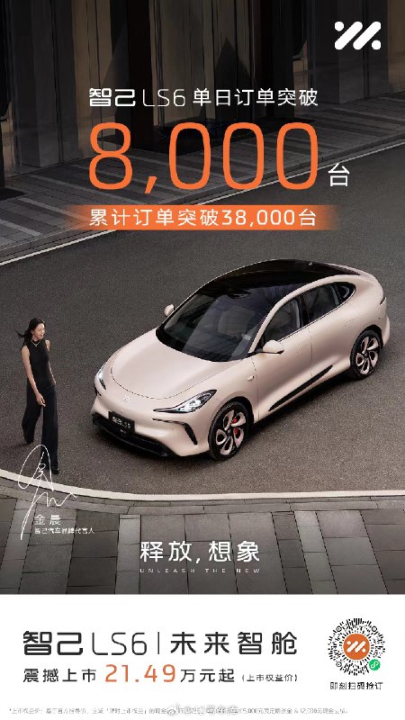 智己 LS6 昨天上市当日小订超过 8,000 台，目前总计已经超过 38,000 台。配图