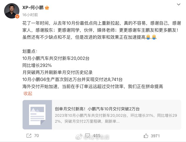 小鹏汽车 10 月份交付量达到了 2 万的水平。配图