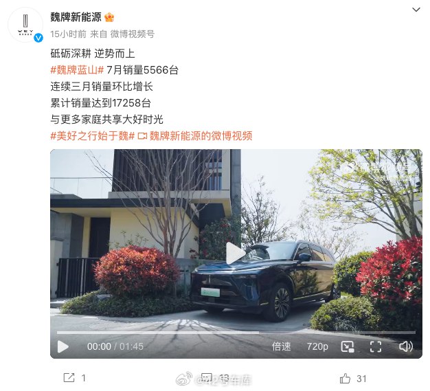 魏牌蓝山 7 月销量 5,566 台，实现连续 3 个月环比增长。配图