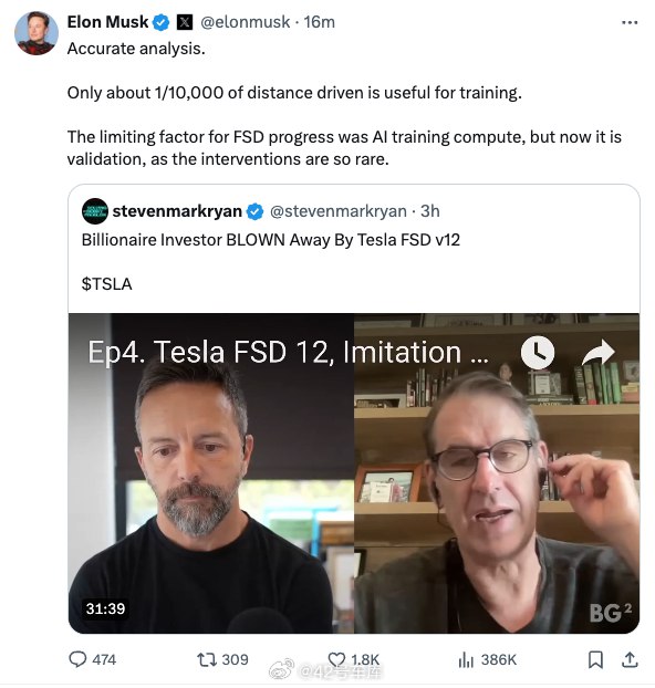 数据对于智能驾驶很重要，但马斯克表示只有大约万分之一的行驶里程可用于训练。配图