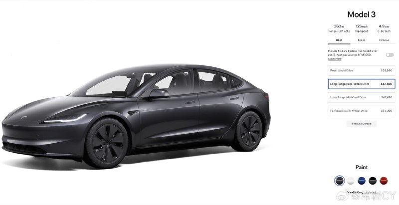特斯拉在美国推出了Model 3长续航后驱版。配图