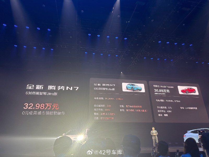 全新腾势 N7 起售价来到了 20-25 万级，23.98 万起，搭载准 500 V 平台，云辇-C，高快领航，同时还限时送通风加热、10 点按摩、Nappa 真皮座椅等，以及 2 千万定金抵扣 1 万尾款，等于目前全新腾势 N7 的起售价 20 万出头。配图