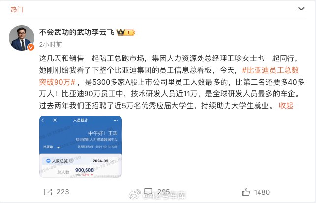 #比亚迪员工总数突破90万#配图