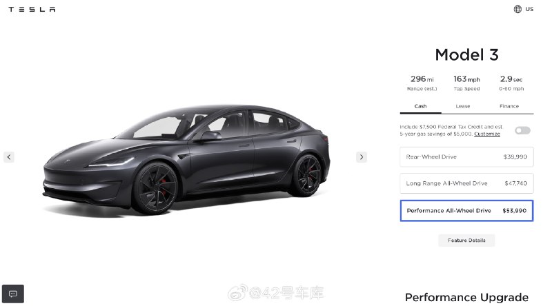 特斯拉 Model 3 高性能版发布三天在美国涨价 1,000 美元。配图
