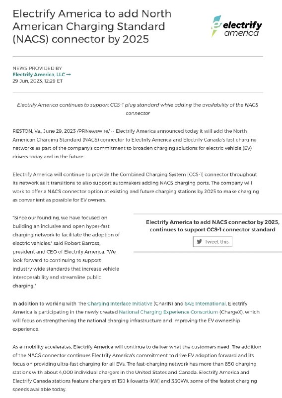 BREAKING: Electrify America announced today it will adopt @Tesla's North American Charging Standard (NACS) connector to Electrify America & Electrify Canada's fast charging networks.配图
