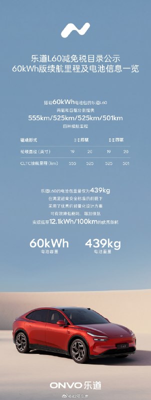 乐道 L60 60 kWh 电池包的 CLTC 续航细节：配图