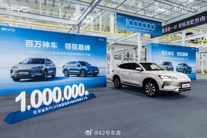 今天，比亚迪宋 PLUS 新能源第 100 万辆新车下线了。配图