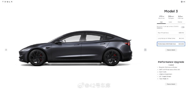 特斯拉焕新版 Model 3 高性能版又在美国涨价。配图