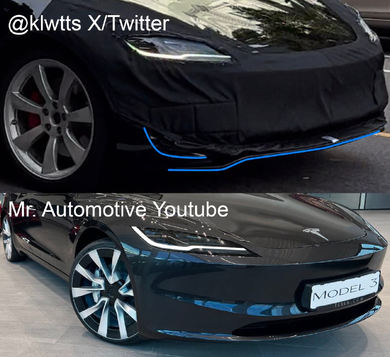 性能版 Model 3 焕新款前脸疑似曝光，跟普通版还是有些差异。配图