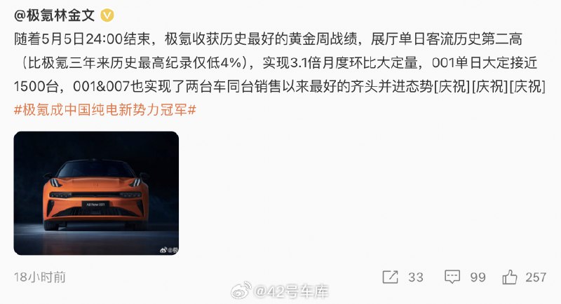 在刚刚过去的五一，除了理想、鸿蒙智行、蔚来之外，极氪也收获了一份亮眼的成绩单。配图