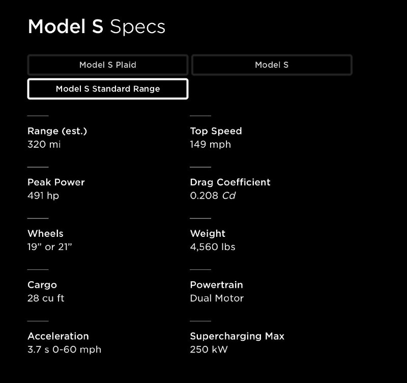 Model S Standard Range specs on the website show that this model has 491 hp and 250kW charging.配图