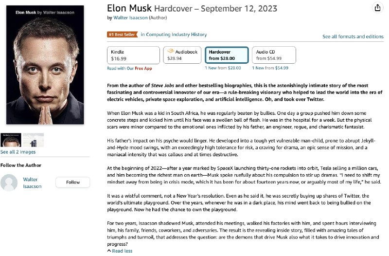 Elon Musk 的官方传记，已经在亚马逊上线预售了，售价 28 美元。配图