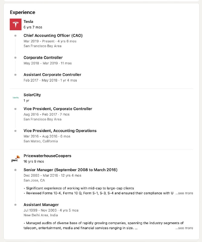 This is Tesla's new CFO, along with his experience (via his LinkedIn):配图
