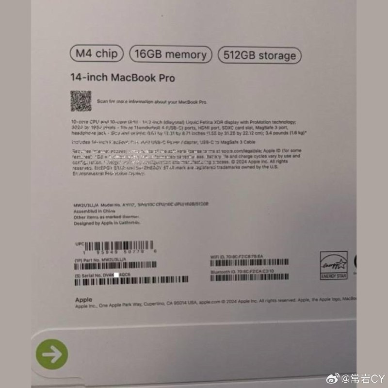 泄露图显示，M4 的 MacBook Pro 即将上市。配图
