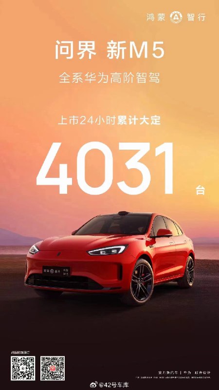 问界新 M5 上市 24 小时累计大定 4,031 台。配图